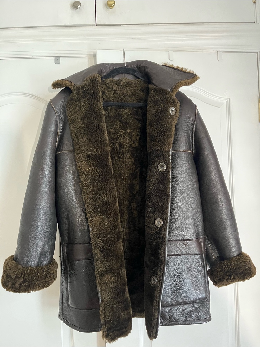 Vintage Dark Brown Shearling Lined Leather Coat